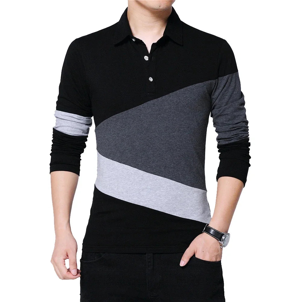 Men’s Long Sleeve Patchwork Tee – Casual Autumn Comfort Shirt