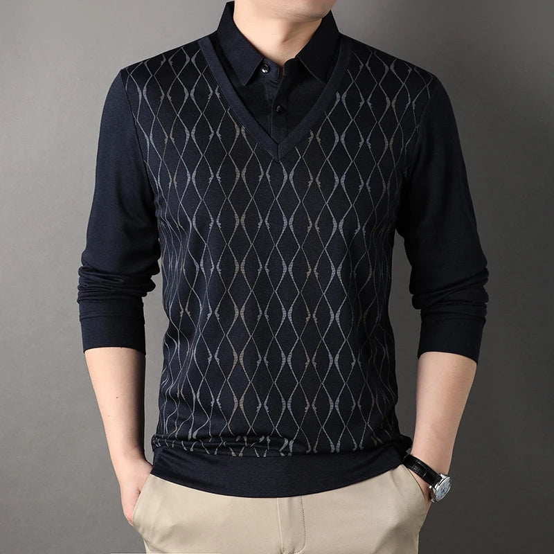 Men’s Long Sleeve Plaid T-Shirt – Smart Casual Turn-Down Collar Top