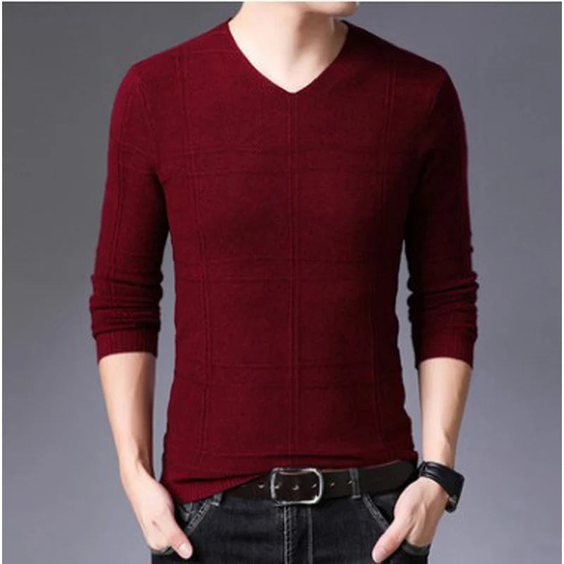 Solid Color V-Neck Sweater for Men – Korean Fashion Slim Fit Style