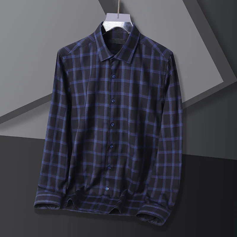 Spring Autumn Plaid Dress Shirt – Turn-Down Collar Men’s Shirt