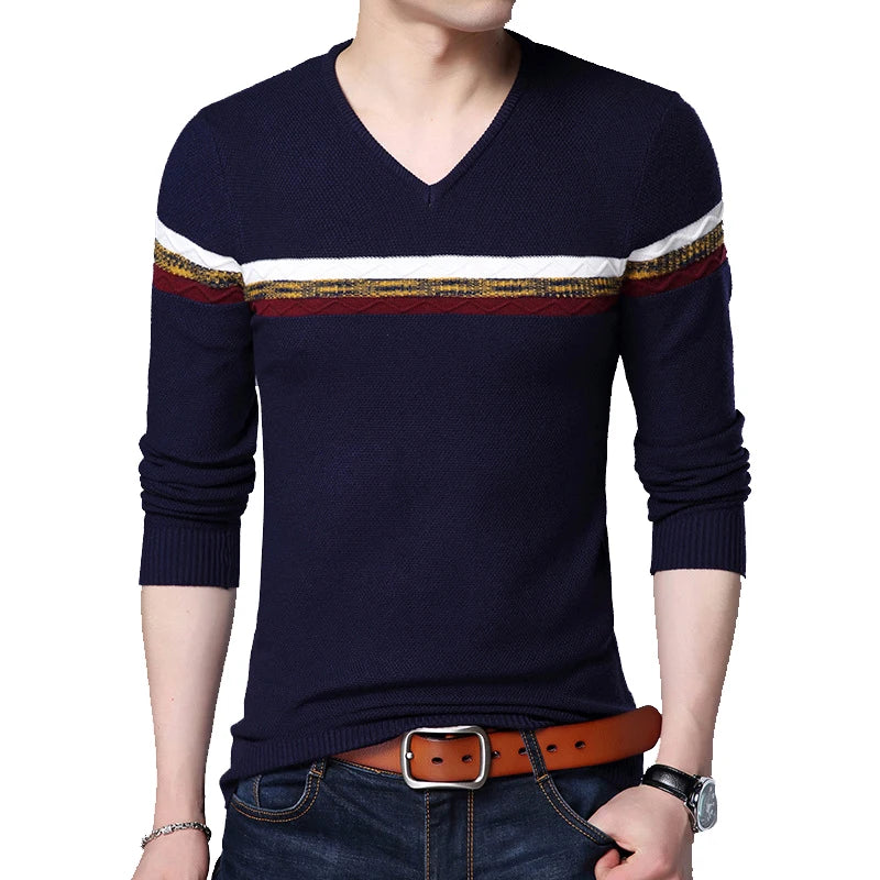 Men’s Slim Fit V-Neck Patchwork Sweater – Business Casual Knit Pullover