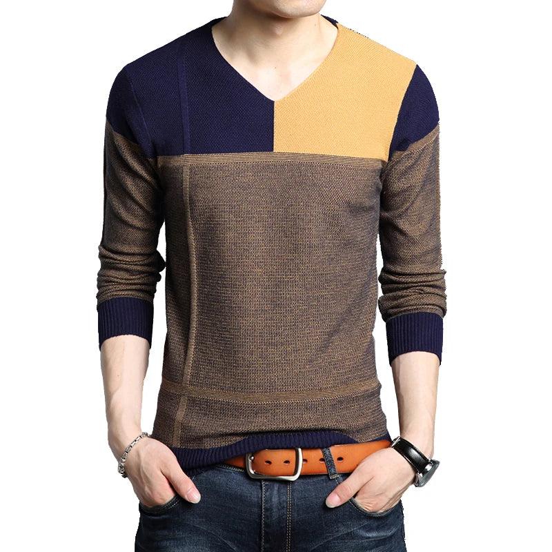 Patchwork V-Neck Knitted Sweater for Men