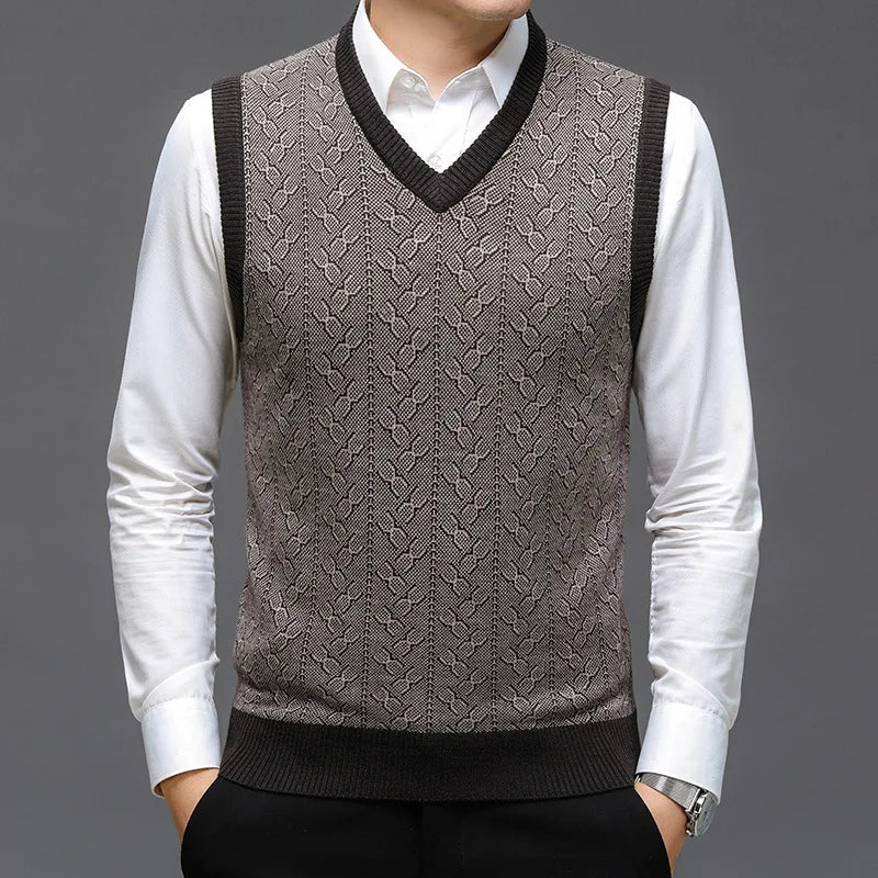 Classic Jacquard Knit Sleeveless Vest for Men – Warm Solid Color Sweater