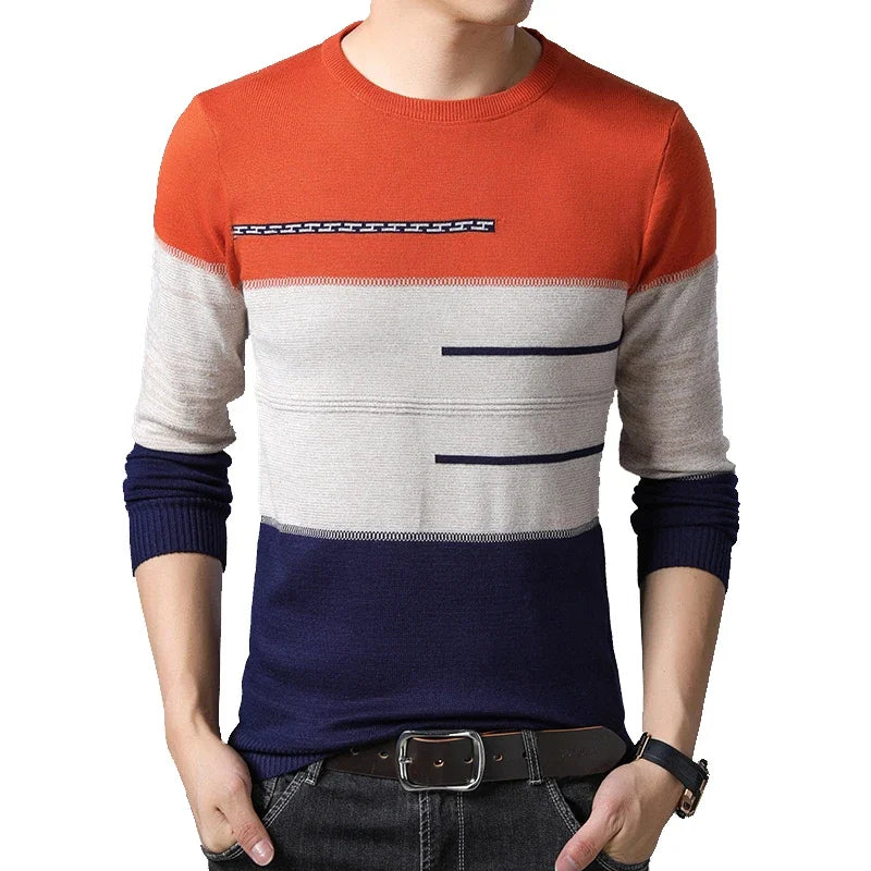 Striped O-Neck Slim Fit Knitted Sweater for Men
