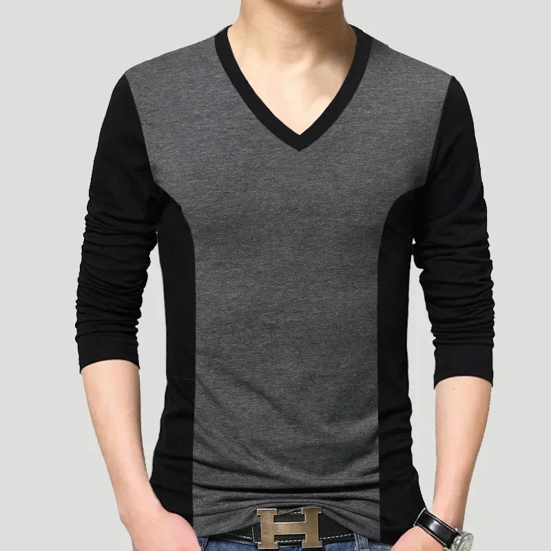 Men’s Slim Fit Casual Tee – V-Neck Long Sleeve Patchwork Top