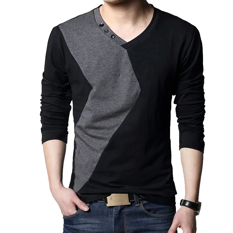 Men’s Slim Fit Casual Tee – V-Neck Long Sleeve Patchwork Top