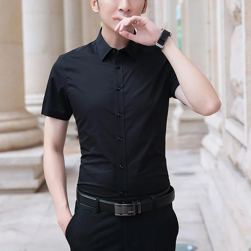 Men’s Slim Fit Short Sleeve Business Shirt – Solid Color Summer Casual