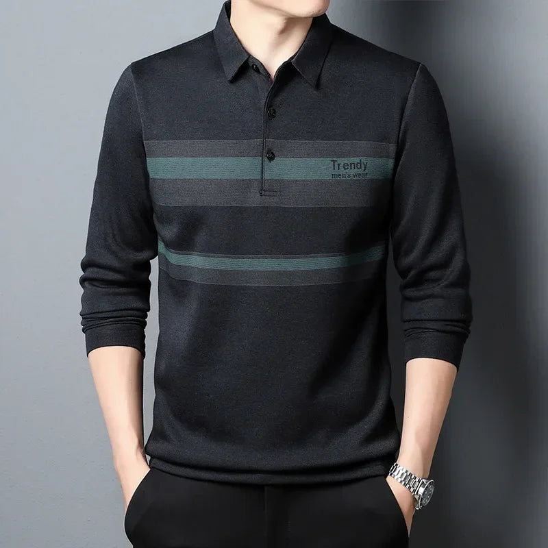 Men’s Slim Fit Casual Tee – Turn-Down Collar Long Sleeve Printed Top