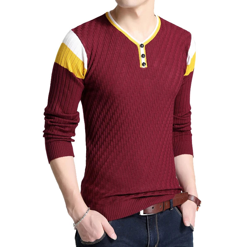 Elastic Knitted V-Neck Sweater for Men – Stylish Spliced Design