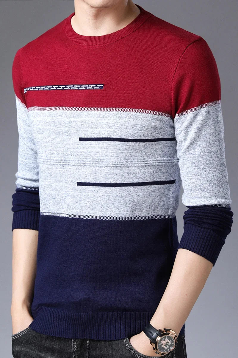 Striped O-Neck Slim Fit Knitted Sweater for Men