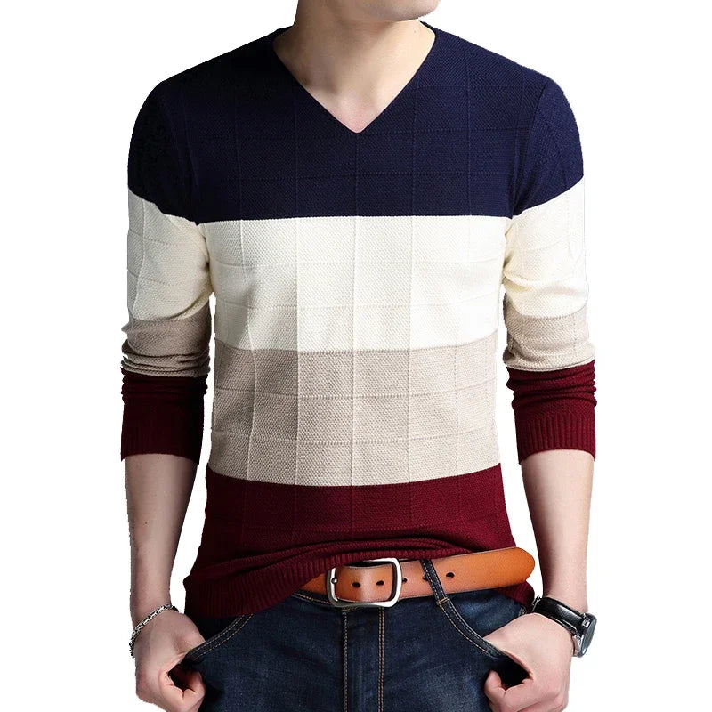 Men’s Patchwork V-Neck Pullover – Autumn Slim Fit Casual Knit Sweater