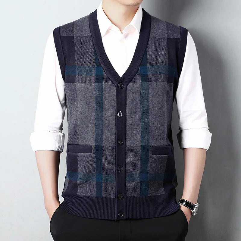 Men’s Plaid Knit Sweater Vest – V-Neck Slim Fit Sleeveless Cardigan