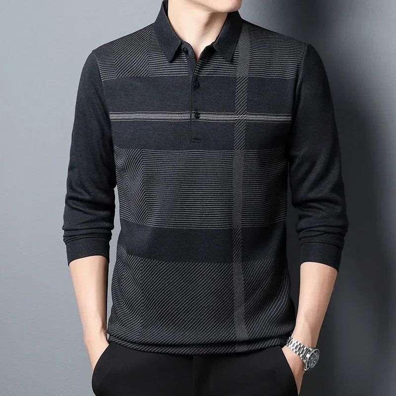 Men’s Long Sleeve Casual Tee – Turn-Down Collar Striped Print Slim Fit Shir