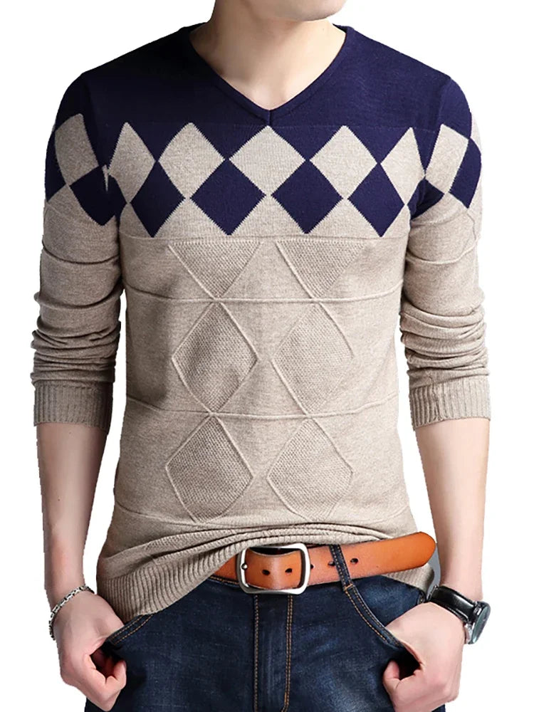 Vintage Argyle V-Neck Knitted Sweater for Men