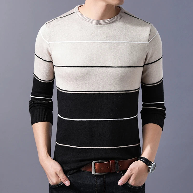 Men’s Slim Fit O-Neck Striped Pullover – Autumn & Winter Sweater