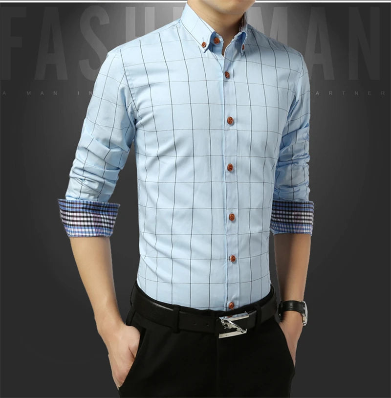 Men’s Slim Fit Plaid Shirt – Turn-Down Collar Smart Casual