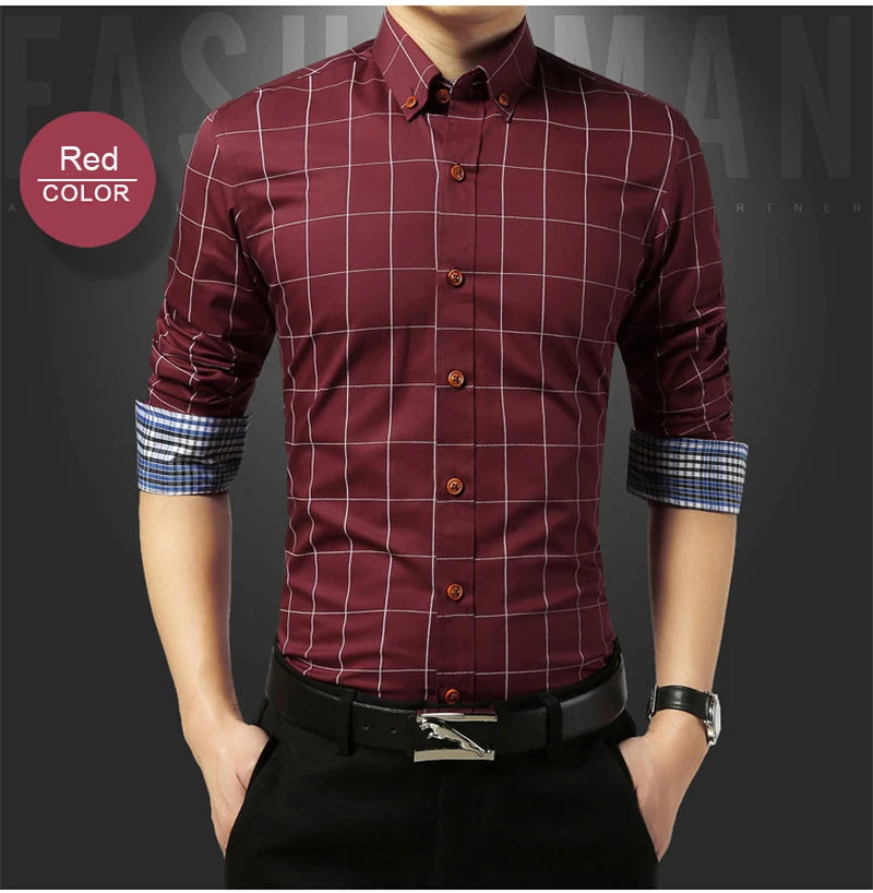 Men’s Slim Fit Plaid Shirt – Turn-Down Collar Smart Casual