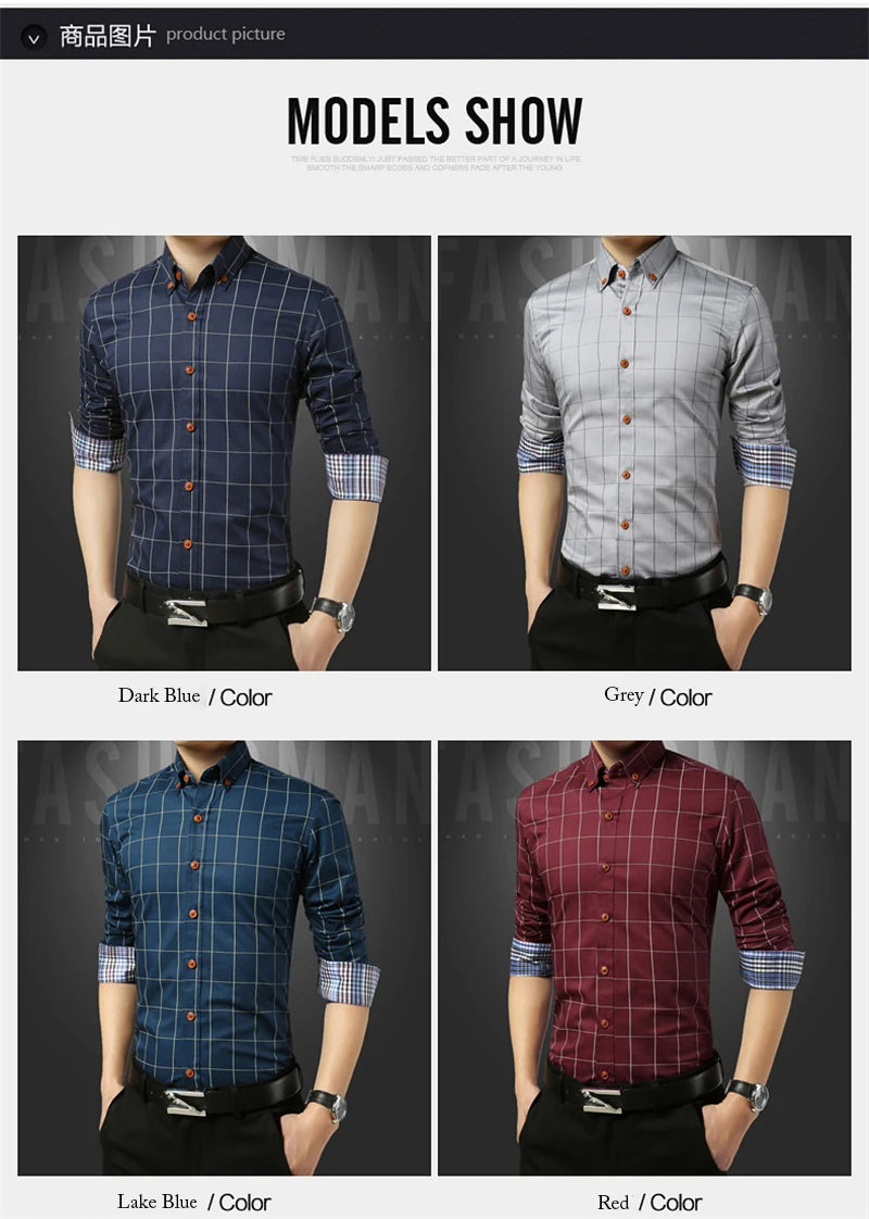Men’s Slim Fit Plaid Shirt – Turn-Down Collar Smart Casual