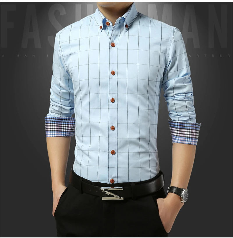 Men’s Slim Fit Plaid Shirt – Turn-Down Collar Smart Casual