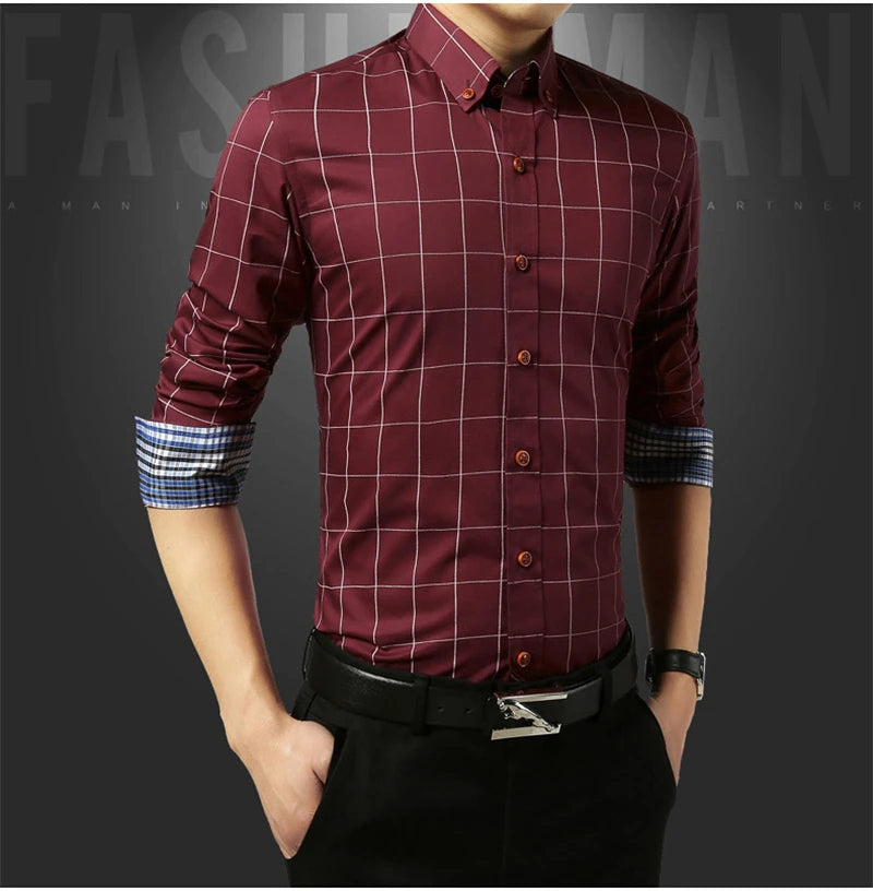 Men’s Slim Fit Plaid Shirt – Turn-Down Collar Smart Casual