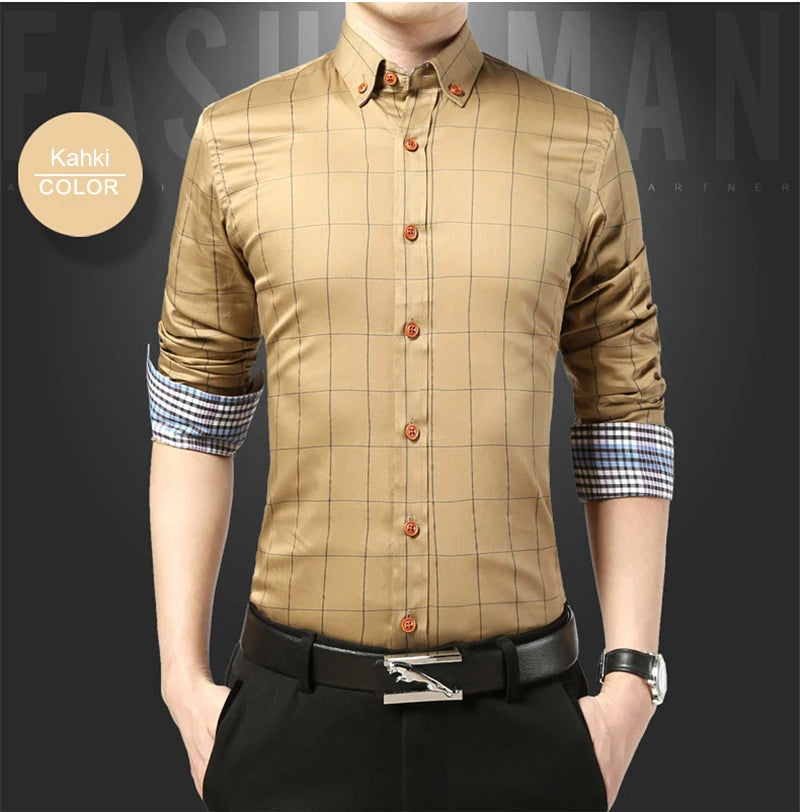 Men’s Slim Fit Plaid Shirt – Turn-Down Collar Smart Casual
