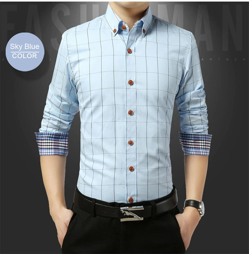 Men’s Slim Fit Plaid Shirt – Turn-Down Collar Smart Casual