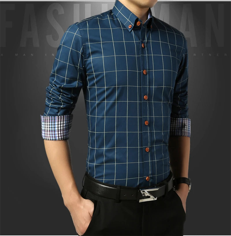 Men’s Slim Fit Plaid Shirt – Turn-Down Collar Smart Casual