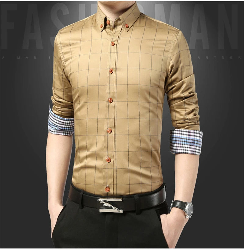 Men’s Slim Fit Plaid Shirt – Turn-Down Collar Smart Casual