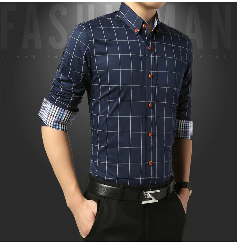 Men’s Slim Fit Plaid Shirt – Turn-Down Collar Smart Casual
