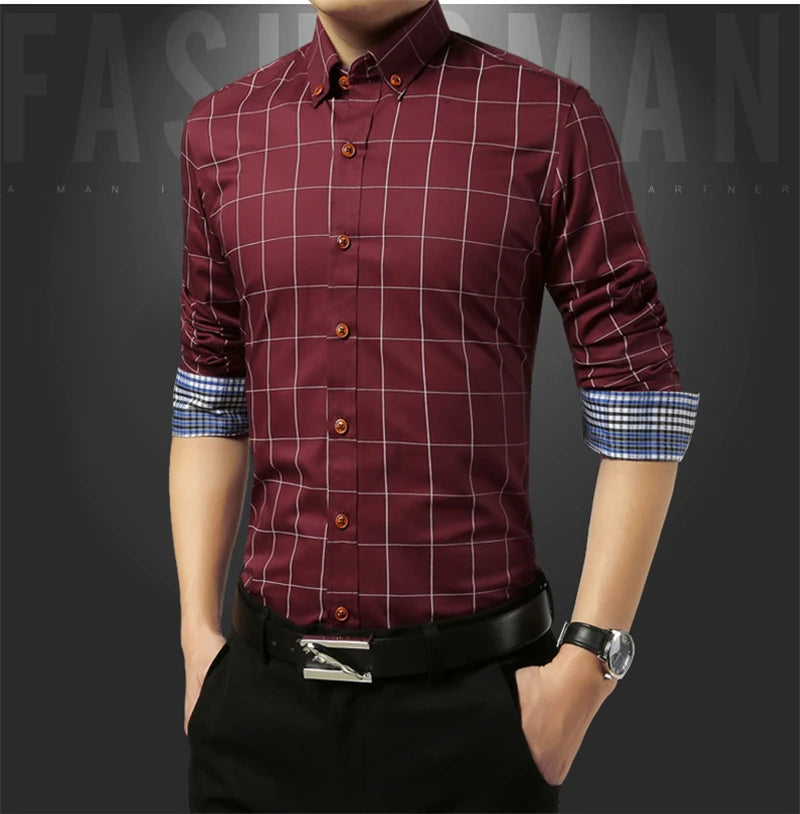 Men’s Slim Fit Plaid Shirt – Turn-Down Collar Smart Casual