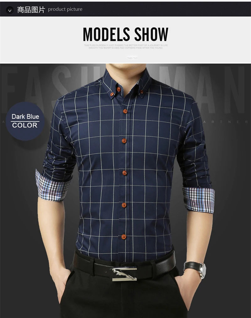 Men’s Slim Fit Plaid Shirt – Turn-Down Collar Smart Casual