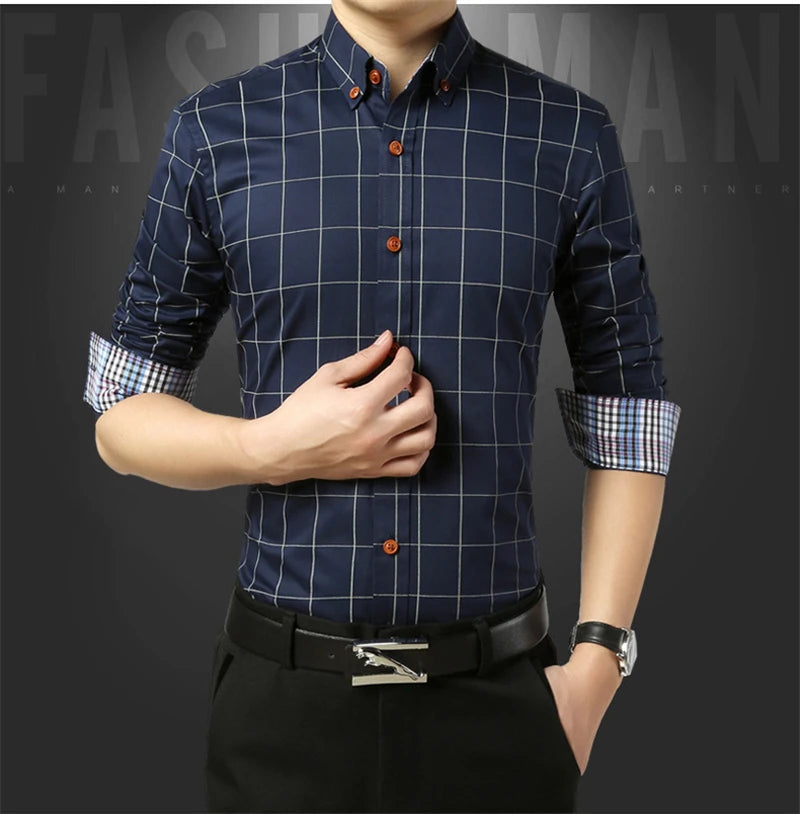 Men’s Slim Fit Plaid Shirt – Turn-Down Collar Smart Casual