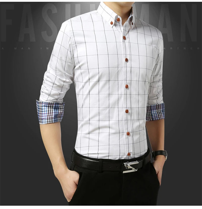Men’s Slim Fit Plaid Shirt – Turn-Down Collar Smart Casual