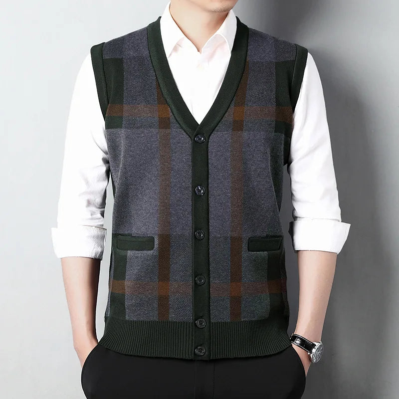 Men’s Plaid Knit Sweater Vest – V-Neck Slim Fit Sleeveless Cardigan