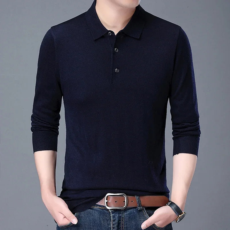 Men’s Knitted Long Sleeve Polo Tee – Turn-Down Collar Casual Solid Top