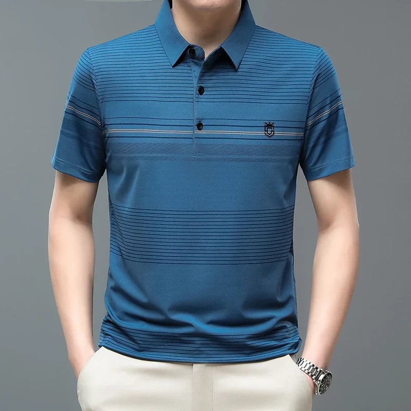 Men’s Striped Short Sleeve Polo – Breathable Contrast Color Summer Shirt