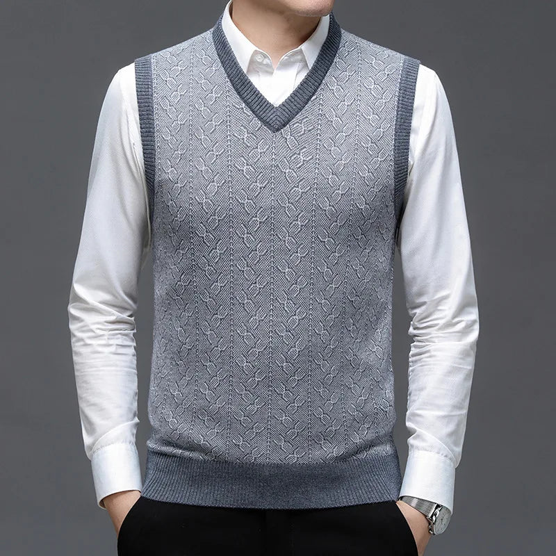 Classic Jacquard Knit Sleeveless Vest for Men – Warm Solid Color Sweater
