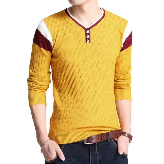 Elastic Knitted V-Neck Sweater for Men – Stylish Spliced Design
