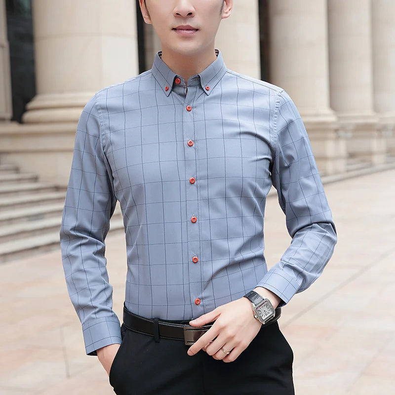 Spring Autumn Plaid Pattern Shirt for Men – Turn-Down Collar Business Casual