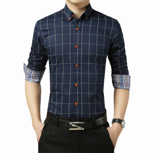 Men’s Slim Fit Plaid Shirt – Turn-Down Collar Smart Casual