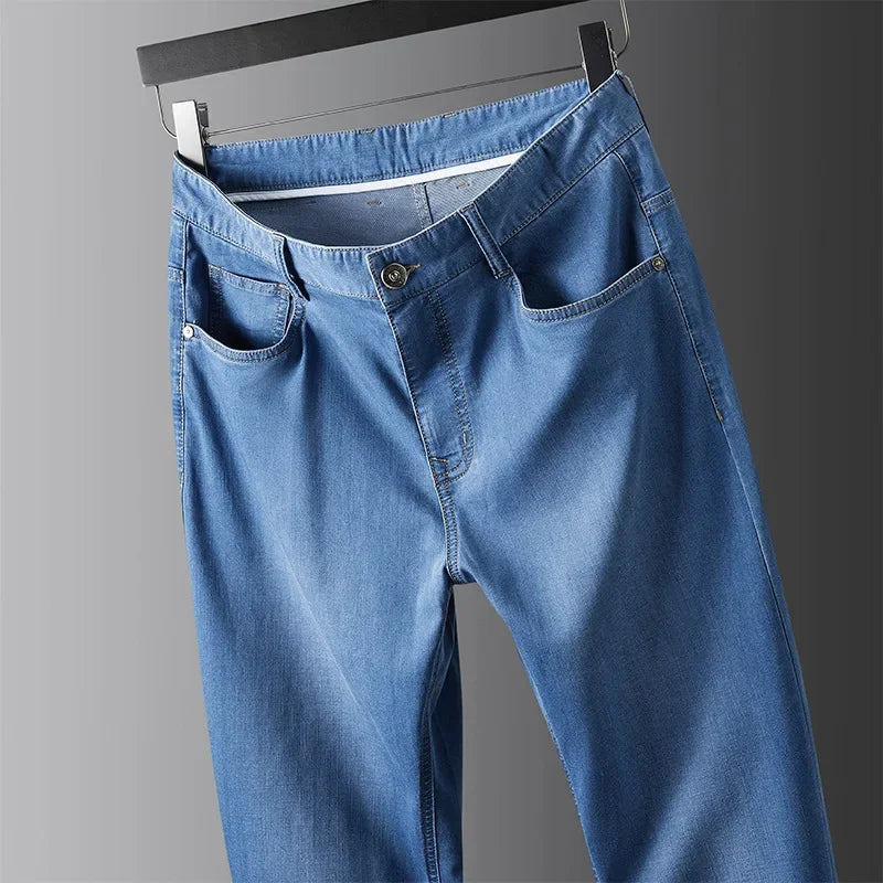 Men’s Summer Silk Blend Jeans – Mid Waist Straight Pants