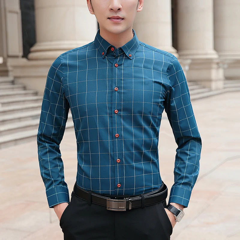 Spring Autumn Plaid Pattern Shirt for Men – Turn-Down Collar Business Casual