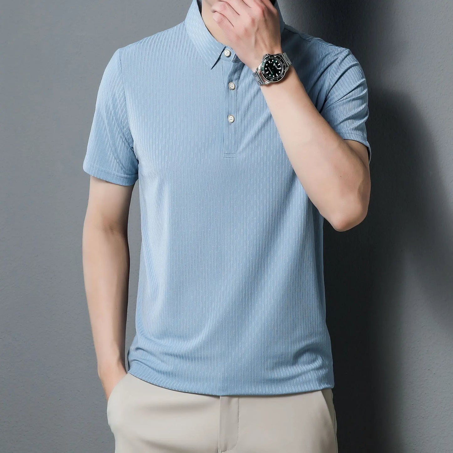 Smart Casual Men’s Solid T-Shirt – Lightweight Turn-Down Collar Top