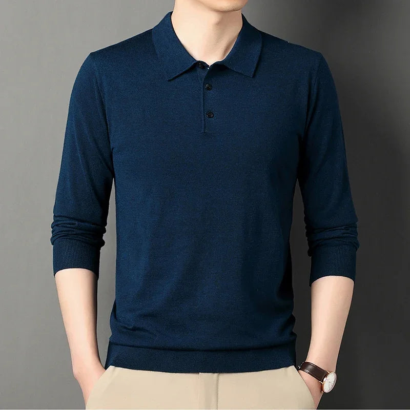 Men’s Knitted Long Sleeve Polo Tee – Turn-Down Collar Casual Solid Top