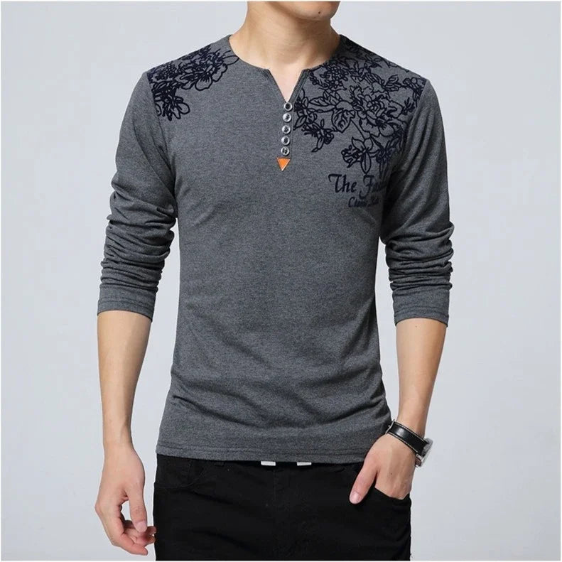 Men’s Straight Fit Long Sleeve T-Shirt – Floral Print Casual Top