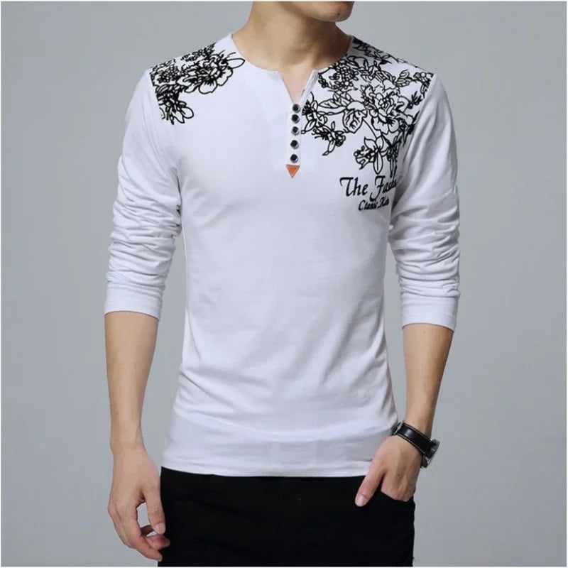 Men’s Straight Fit Long Sleeve T-Shirt – Floral Print Casual Top
