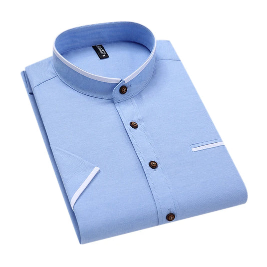 Men’s Slim Fit Summer Dress Shirt – Stand Collar Short Sleeve Solid Top