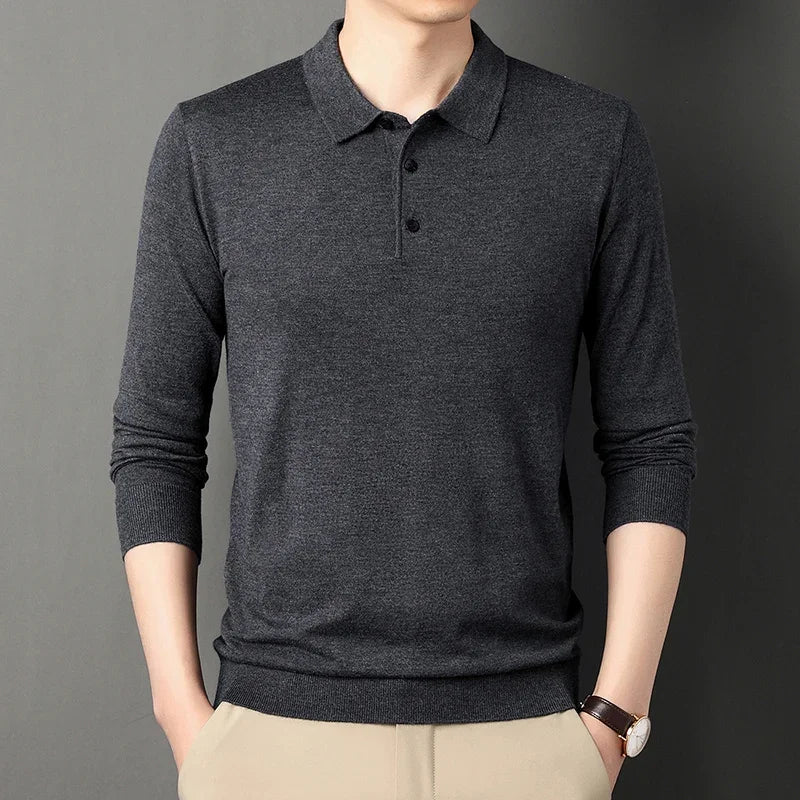 Men’s Knitted Long Sleeve Polo Tee – Turn-Down Collar Casual Solid Top