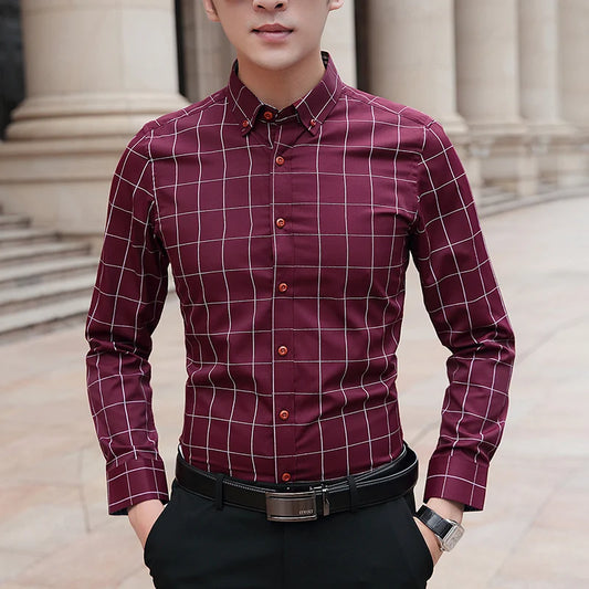 Spring Autumn Plaid Pattern Shirt for Men – Turn-Down Collar Business Casual