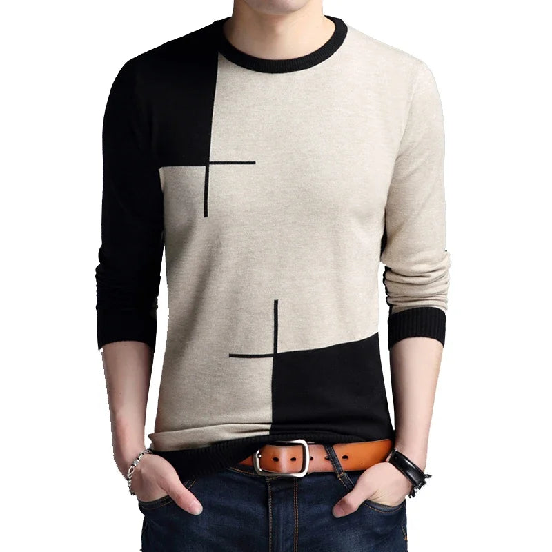 Men’s Slim Fit Patchwork O-Neck Sweater – Autumn Knit Pullover